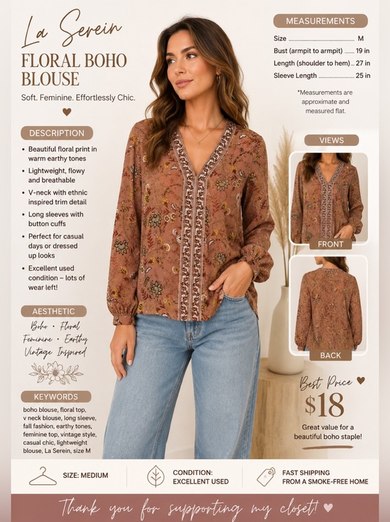 La Serein Tops - Floral Boho Blouse - Brown V-Neck Button Down